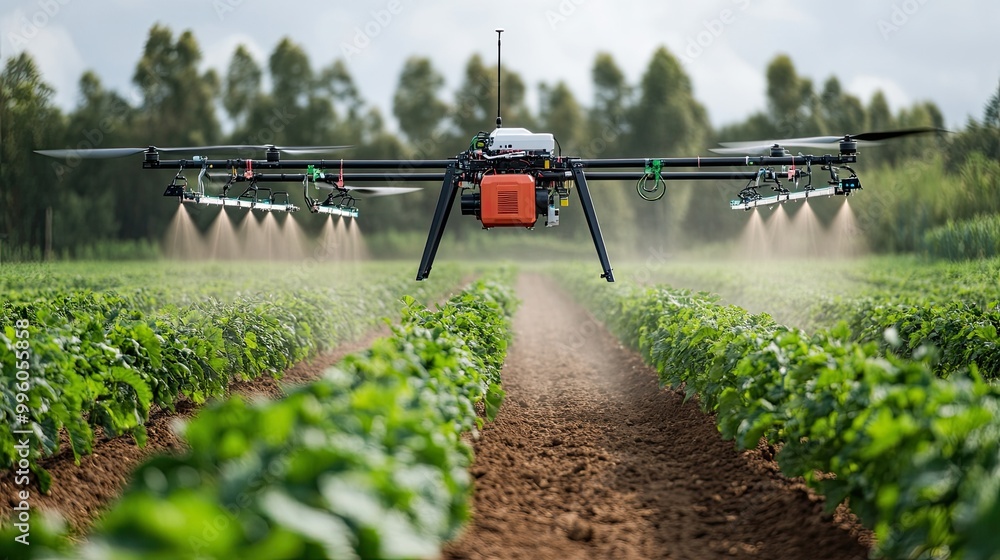 Poster agricultural engineers developing smart farming technologies, including automated irrigation systems