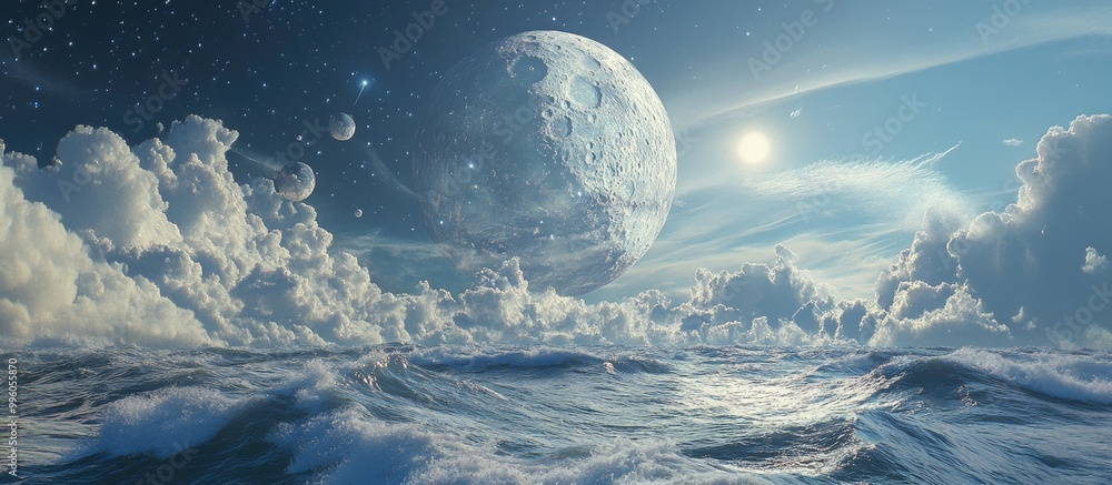 Poster surreal and fantastical 3d rendering featuring a world with the moon meteorites clouds stars the ori