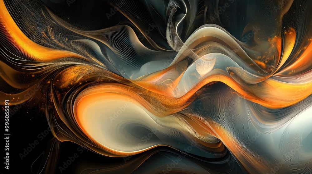 Poster continuously flowing surreal abstract design featuring distinct artistic elements