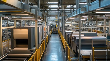 Fototapeta premium An envelope manufacturing facility where large batches of envelopes are printed, cut, and folded using high-tech machinery
