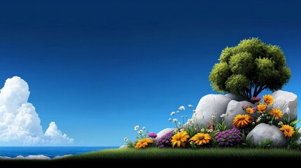 Tranquil Oasis: A vibrant landscape with blooming flowers, a lush tree, and a picturesque ocean backdrop, creating a serene and idyllic atmosphere.