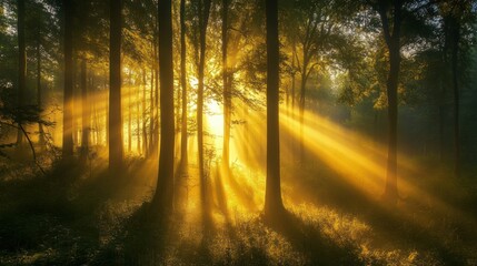 Fototapeta premium Sunbeams Piercing Through a Misty Forest
