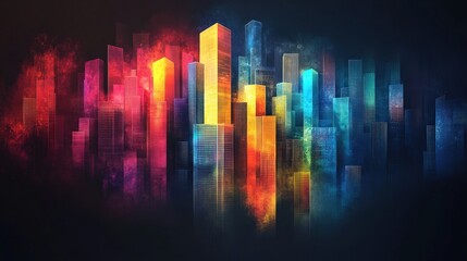 A vibrant, colorful cityscape illustration with a dark background and a smoky haze.
