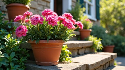 Pink Flowers in Pot on Stone Steps