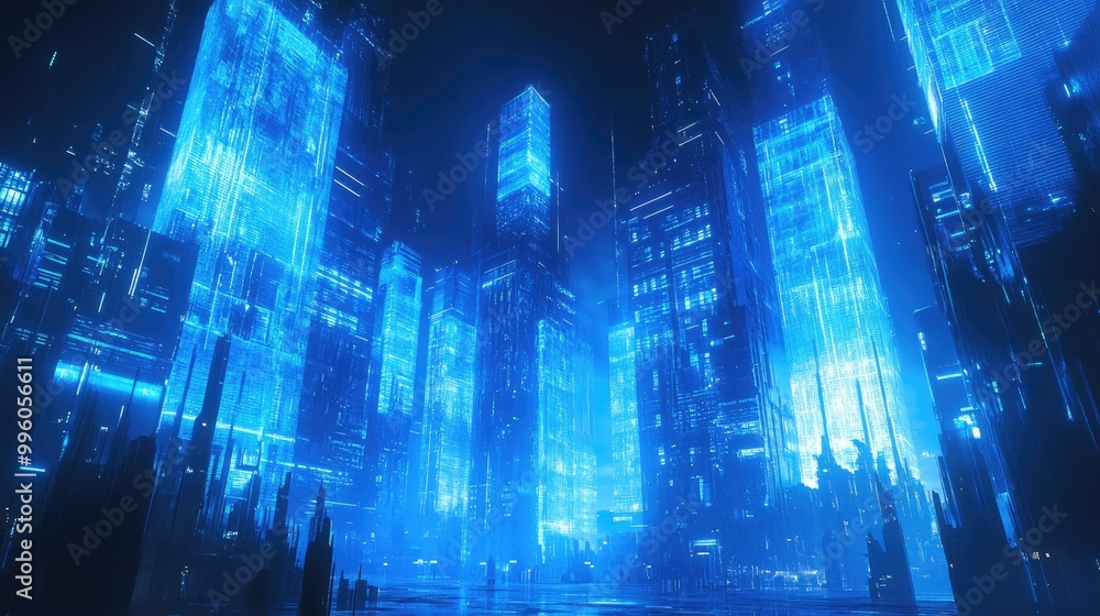 Poster futuristic night scene featuring a vibrant cityscape with blue neon illumination surreal vision of o