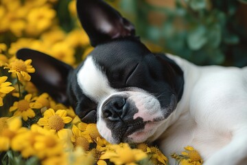 banner featuring a peaceful boston terrier dog sleeping, ideal for pet lovers and enthusiasts