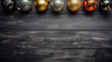 Naklejka premium Set of christmas balls on a dark gray wooden background or board