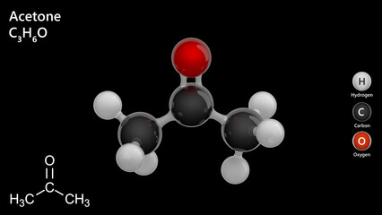 Acetone molecule C3H6O, a 3d chemical structure with a color code. Acetone is a colorless liquid with smell, flammable and dissolves in water. Black background. 3d illustration