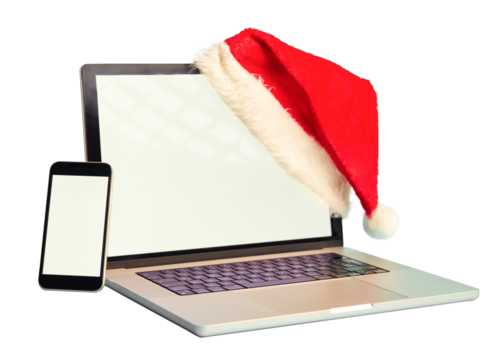 A laptop and cell phone with a Santa hat on transparent background, technology at Christmas - Powered by Adobe