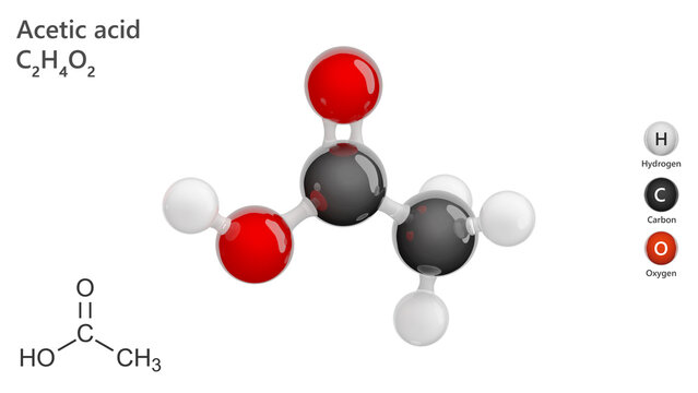 The formula of acetic acid (C2H4O2).it is a clear, colorless liquid with a strong odor. It is used for the production of other chemicals, in the food industry and in oil production. 3d illustration
