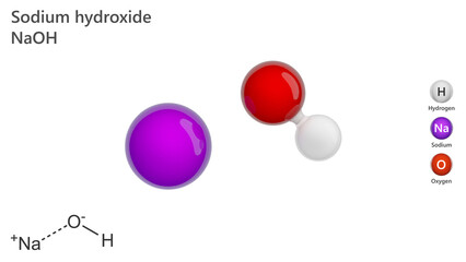Model of Sodium Hydroxide (NaOH), also known as caustic soda or lye. It is a manufactured substance that are used in various industries. White background. 3d illustration