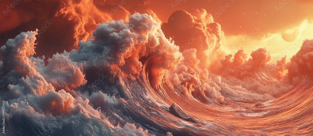 Poster a 3d depiction of metallic waves intertwined with fiery clouds in an imaginative extraterrestrial se