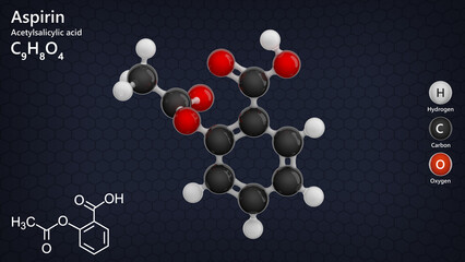 The formula of Aspirin (acetylsalicylic acid) C9H8O4. Acetylsalicylic acid is a commonly used drug for the treatment of pain and fever due to various causes. 3d illustration. Black background
