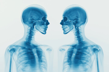Two human skeletons in profile facing each other, x-ray with detailed skeletal structure