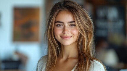 Portrait of a Beautiful Young Woman with Long Brown Hair Smiling