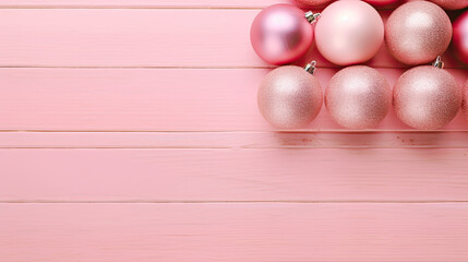 Obraz premium Set of christmas balls on a blush wooden background or board