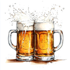 Two mug with cold fresh golden beer clinking together with splashing out on white background. Craft beer on glass on Oktoberfest, international beer day and St. Patrick's day celebration.