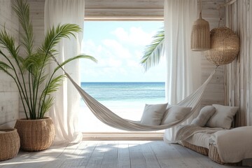 cozy seaside reading nook featuring a hammock chair and ocean view, showcasing a beach cottage dcor theme banner