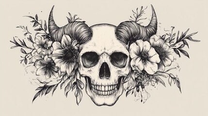 Surreal hand drawn skull adorned with horns and floral elements