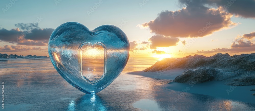 Poster surreal 3d rendered glass planet in the shape of a heart with a luminous gate set in an oceanic land