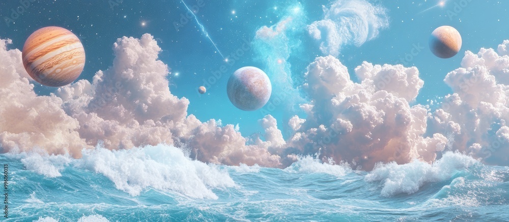 Poster surreal 3d rendering of planets from the solar system featuring jupiter mercury saturn and venus alo