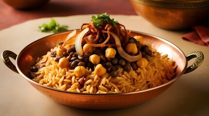 Fototapeta premium A bowl of Egyptian koshary featuring rice and onions, showcasing a colorful and hearty meal.