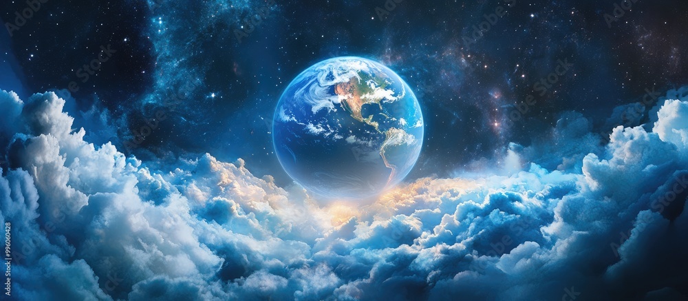 Poster surreal 3d rendering of a world with a moon featuring clouds stars and the orion nebula capturing a 