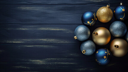 Naklejka premium Set of christmas balls on a dark blue wooden background or board