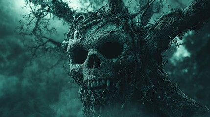 Eerie tree backdrop featuring a haunted plant resembling a skull shaped monster evoking a horror theme in a captivating 3D illustration
