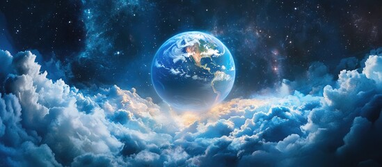 Surreal 3D rendering of a world with a moon featuring clouds stars and the Orion nebula capturing a sense of rotation of the Earth