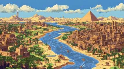 Naklejka premium Ancient Egyptian City with River and Pyramids
