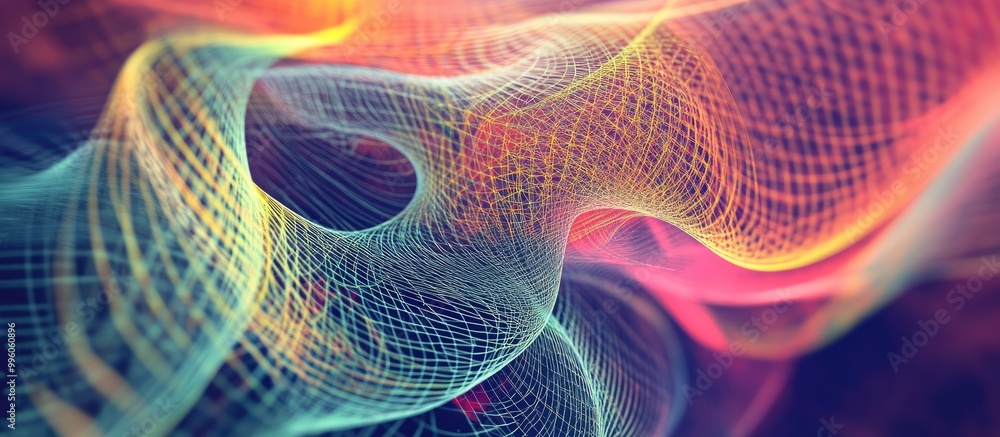 Poster colorful 2d illustration of an intricate wireframe design created by intertwining smooth curves prod