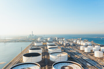 White oil tank storage chemical petroleum petrochemical refinery product at oil terminal. Oil...