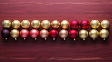 Set of christmas balls on a light maroon wooden background or board