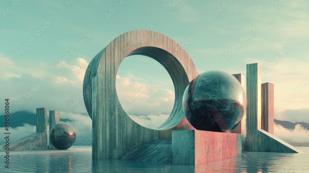 Poster surreal composition featuring a unique structure and spherical element