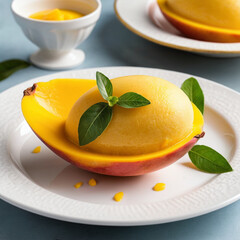 A mango-themed dessert, like mango sorbet served in a half-mango shell with garnish.