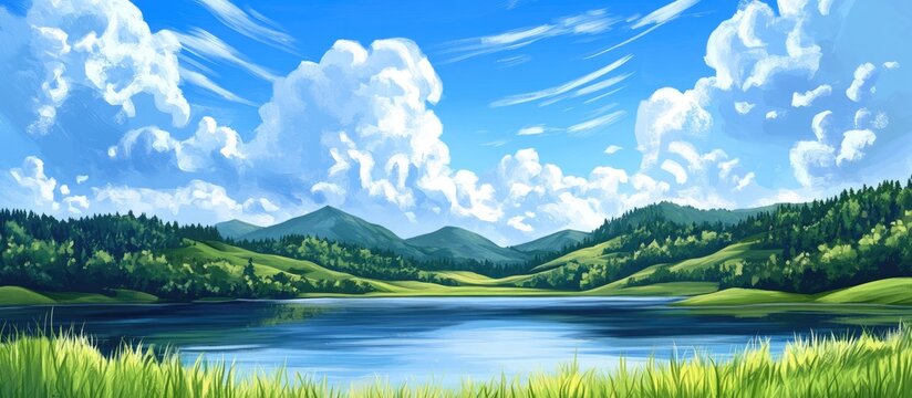 Vibrant landscape featuring rolling hills and a serene lake under a bright blue sky with fluffy clouds ideal for serene nature and outdoor themes