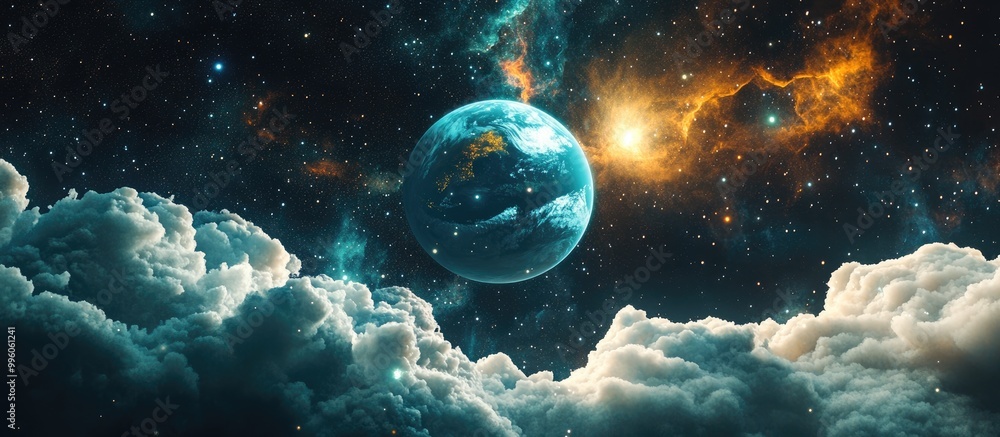 Poster surreal and imaginative 3d render featuring the earth and moon among clouds stars and the orion nebu