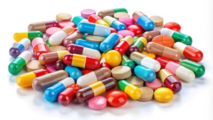 Macro shot of colorful pills and capsules lying on a white background
