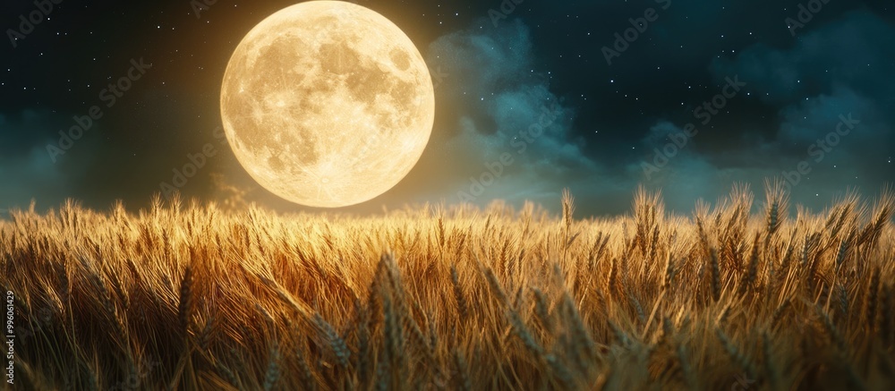Poster surreal artwork depicting a wheat field under a full moon created using 3d rendering techniques