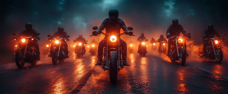 Biker gang on road, front view of group riding motorcycles in misty highway at night, dramatic sky.