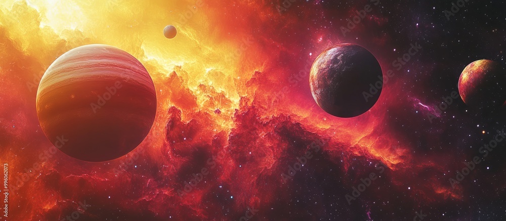 Poster panoramic view of multiple planets set against a vibrant cloudy nebula filled with stars