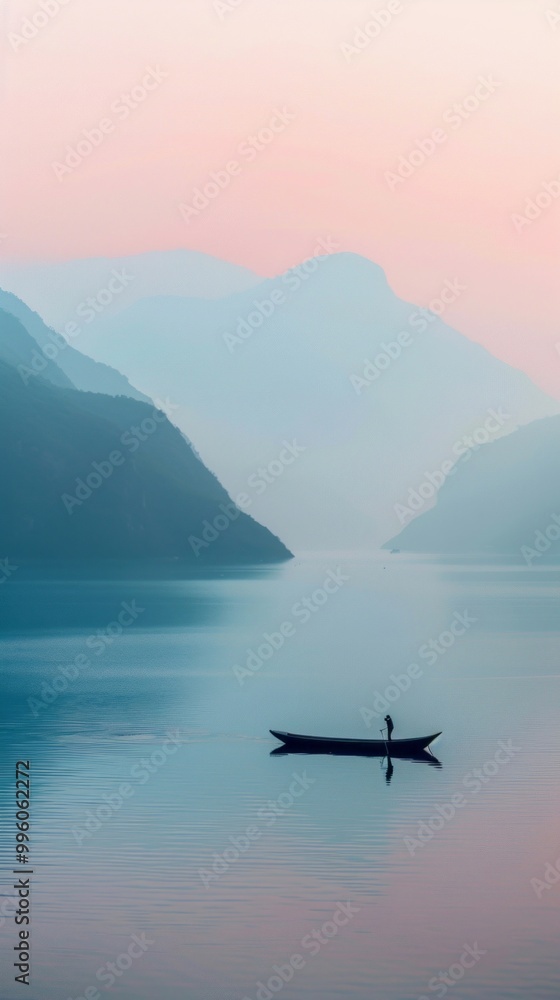 Poster a boat is floating on a lake in front of mountains