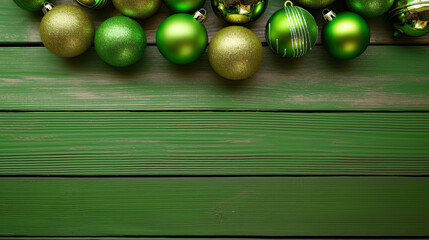 Naklejka premium Set of christmas balls on a vivid lime wooden background or board
