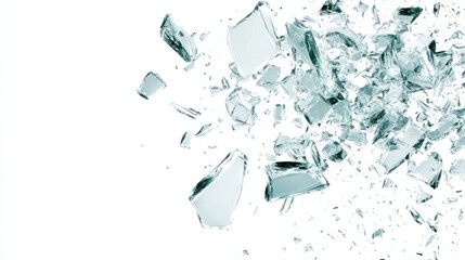 A burst of broken glass pieces flying through the air, frozen against a white background