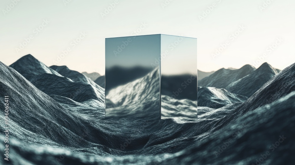 Poster surreal landscape featuring monochrome mountains and a rotating silver cube 3d reflective cube spins