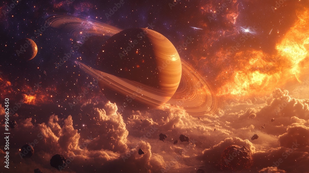 Poster surreal 3d rendering of saturn and its moon titan featuring clouds stars the orion nebula and meteor