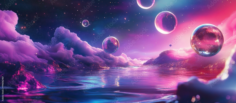Poster surreal abstract landscape featuring water in a vibrant neon palette with circular forms and various