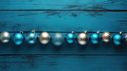 Obraz premium Set of christmas balls on a vivid blue wooden background or board