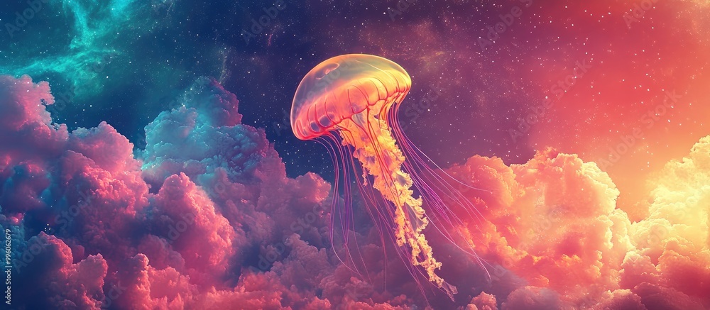 Poster surreal digital artwork featuring a jellyfish floating in a cosmic landscape set against an abstract